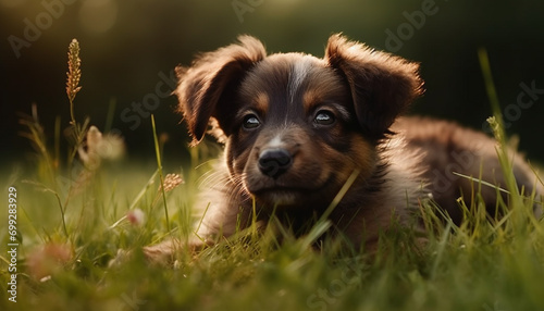 Cute puppy playing in the grass, enjoying the sunny meadow generated by AI