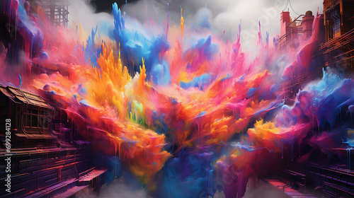 Iridescent splashes of paint collide in a digital explosion  transforming an urban landscape into a surreal canvas of graffiti abstraction