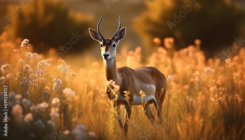 Impala standing in the grass, looking at the sunset generated by AI