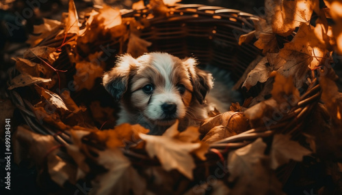 Cute puppy playing in autumn forest  sitting on fluffy grass generated by AI