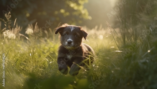Cute puppy playing in the grass, enjoying the summer outdoors generated by AI © Jeronimo Ramos