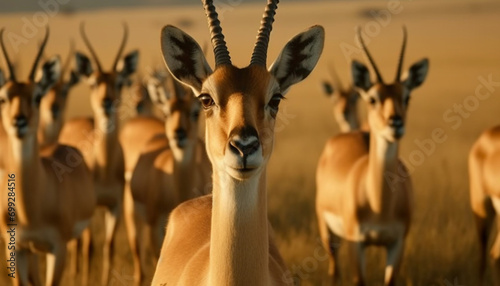 Animal wildlife in Africa, a herd of impala grazing peacefully generated by AI