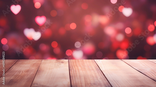Wooden tabletop and blurred background with beautiful bokeh as hearts for displaying or mounting your products for Valentines Day