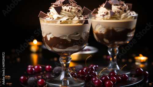 Gourmet chocolate dessert on wooden table, indulgence in sweetness generated by AI