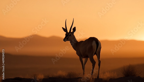 Silhouette of horned mammal standing in African wilderness at sunset generated by AI