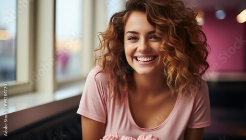 Beautiful woman with curly brown hair smiling and looking at camera generated by AI