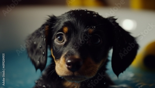 Cute puppy sitting, wet fur, playful, looking at camera outdoors generated by AI