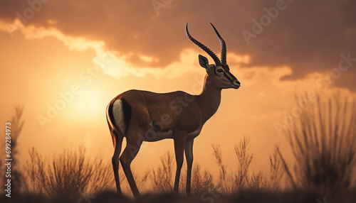 Silhouette of horned mammal standing in sunset on African savannah generated by AI