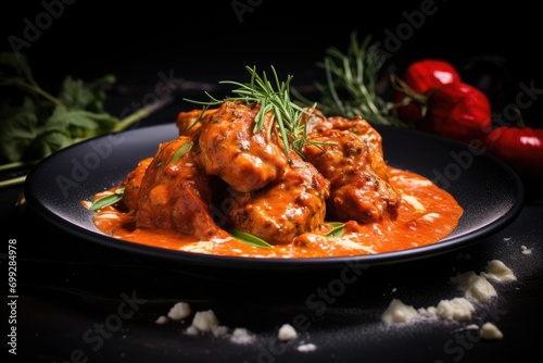 Meatballs in spicy tomato sauce, garnished with herbs, on a black plate; dark, elegant presentation.