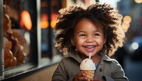 A cute African girl smiling  enjoying ice cream outdoors generated by AI