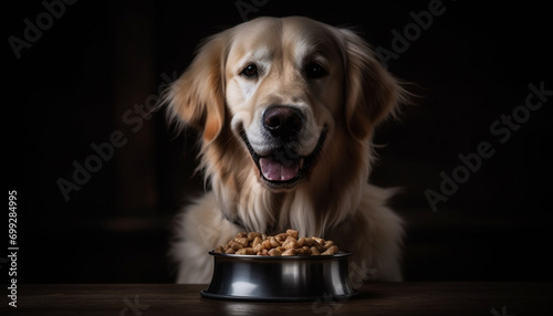 Cute puppy eating from bowl  purebred retriever  adorable and hungry generated by AI