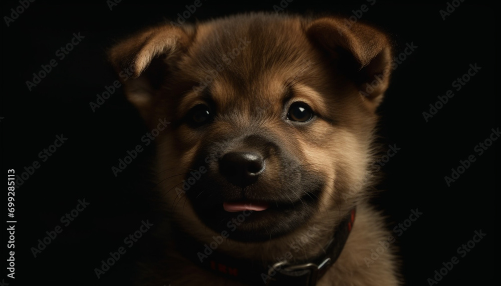 Cute puppy sitting, looking at camera, black background, playful terrier generated by AI