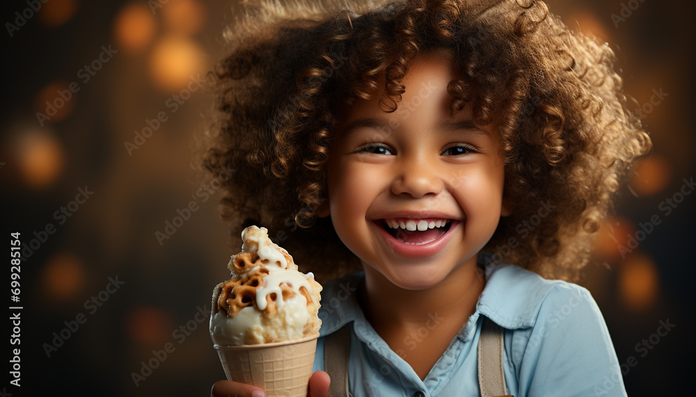 Naklejka premium Child smiling, holding ice cream, enjoying sweet summer treat generated by AI