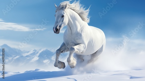 White horse running in the snow, horse wallpaper, blue skye, white tone background, generative AI