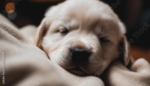 Cute puppy sleeping, small and tired, resting on fluffy blanket generated by AI
