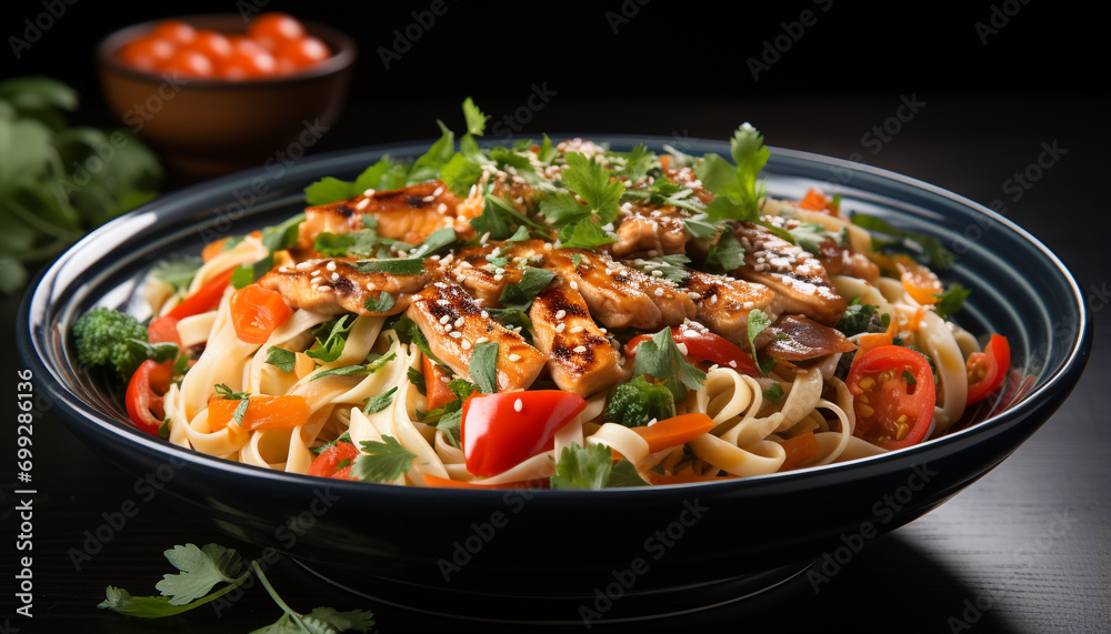Healthy vegetarian pasta meal with fresh tomato and cooked asparagus generated by AI Healthy vegetarian pasta meal with fresh tomato and cooked asparagus generated by AI