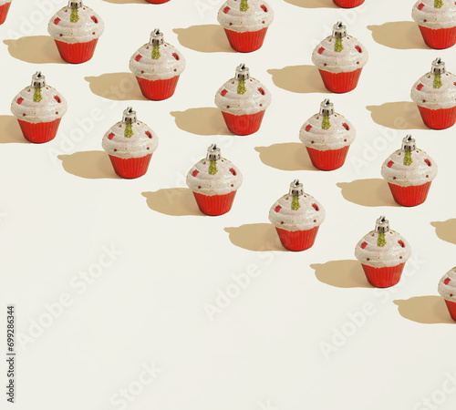A repetitive pattern made of diagonally laid out colorful Christmas baubles in form of cakes on a beige background. Copy space. Minimal concept of holidays.