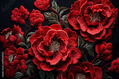 Beautiful Multi-Color Flowers Embroidered on Dark Fabric - Exquisite Floral Decor for Fashion and Textiles - Created with Generative AI Tools © ThePixelCraft