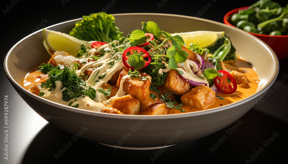 Grilled meat and vegetables, a healthy gourmet lunch option generated by AI Grilled meat and vegetables, a healthy gourmet lunch option generated by AI