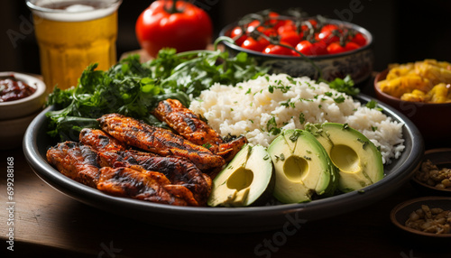 Grilled meat and vegetables on a rustic wooden plate generated by AI