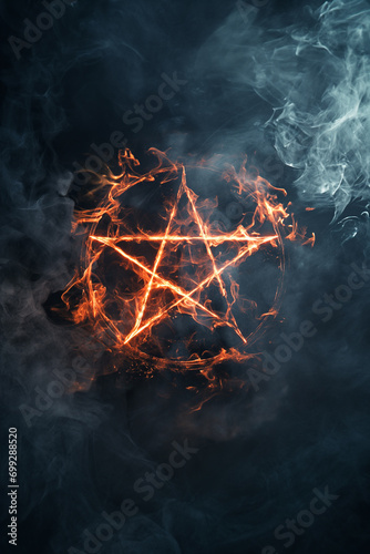 Fire yellow pentagram - fantasy pentagram star in flames, fire, smoke and mist - black background - witchcraft spooky horror symbol - dark black background - ethereal nightmare concept art photo