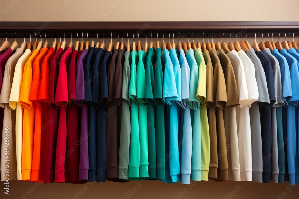 Impeccably Arranged by Color T-shirt Collection on Elegant Wooden Hangers