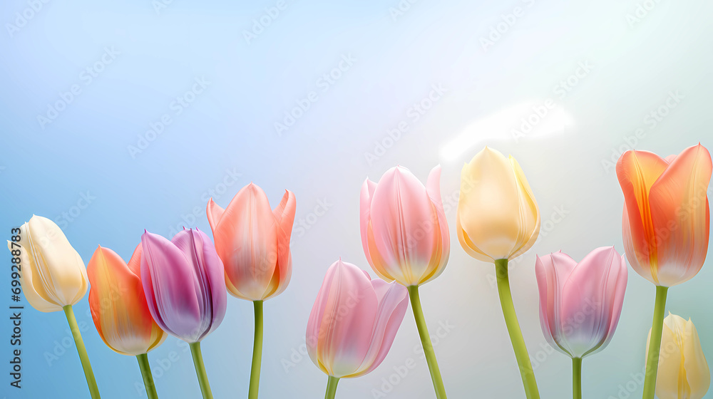 colorful tulips as artistic frame on blue background with copy space, beautiful tulip border with negative space, asymmetric - obrazy, fototapety, plakaty 