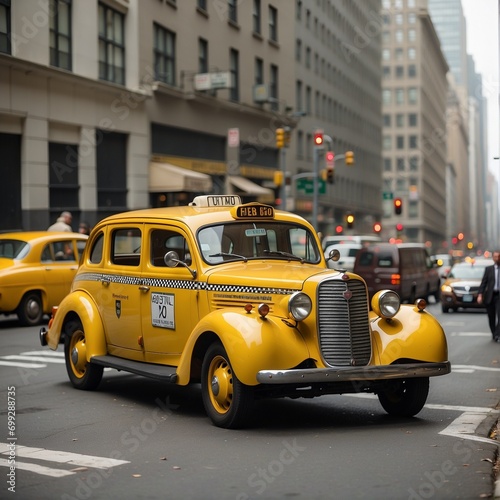 A vintage old yellow taxi in the streets of Manhattan, New York