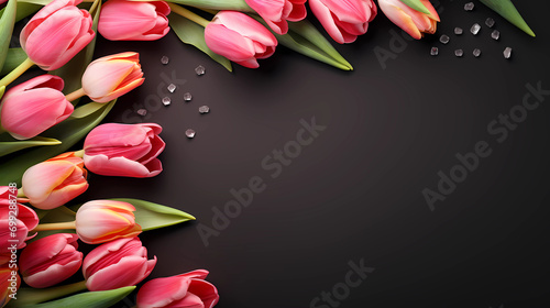 pink tulips as artistic frame on black background with copy space, beautiful tulip border with negative space, asymmetric photo
