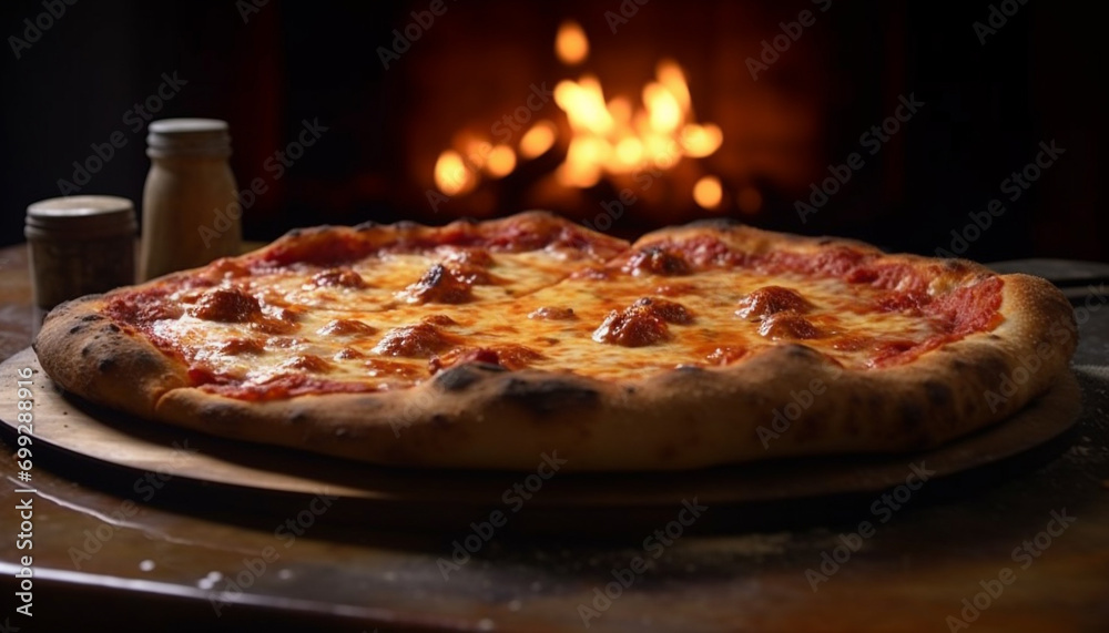 Freshly baked pizza with mozzarella, tomato sauce, and pepperoni slices generated by AI Freshly baked pizza with mozzarella, tomato sauce, and pepperoni slices generated by AI