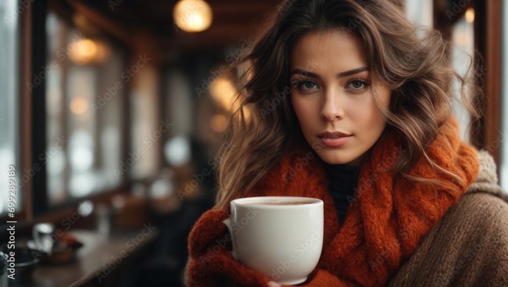 Beautiful Woman Drinks Hot Chocolate, Coffee or Tea in Cold Winter Beautiful Woman Drinks Hot Chocolate, Coffee or Tea in Cold Winter