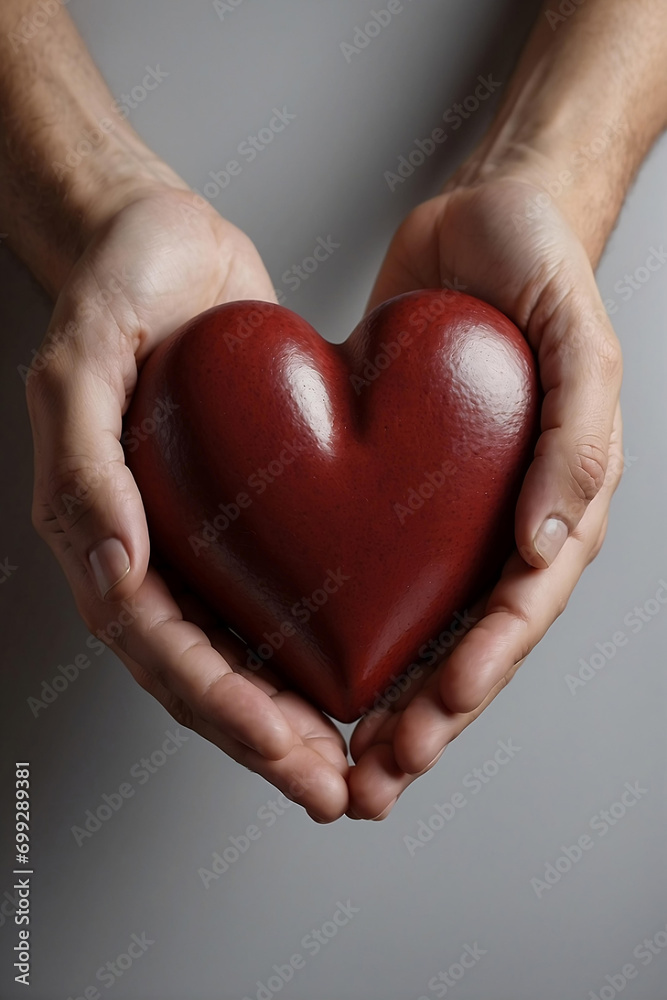 Obraz premium A man carefully holds a red heart, Valentine's Day