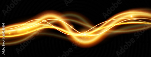 Light gold effect of shiny lines.Gold color glowing design element.Wavy bright stripes.	

