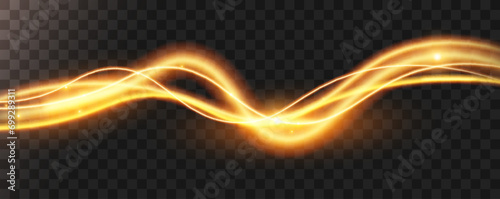 Light gold effect of shiny lines.Gold color glowing design element.Wavy bright stripes.	

