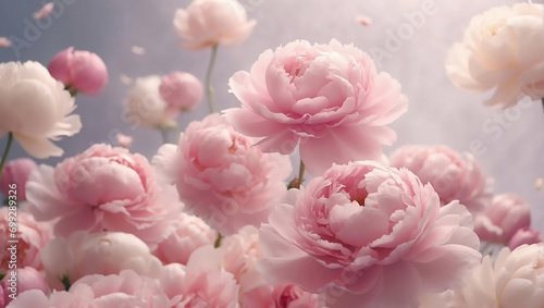 Delicate pink peony blossoms and buds floating weightlessly on a light, airy background in a misty haze. Valentine's Day, International Women's Day, March 8
