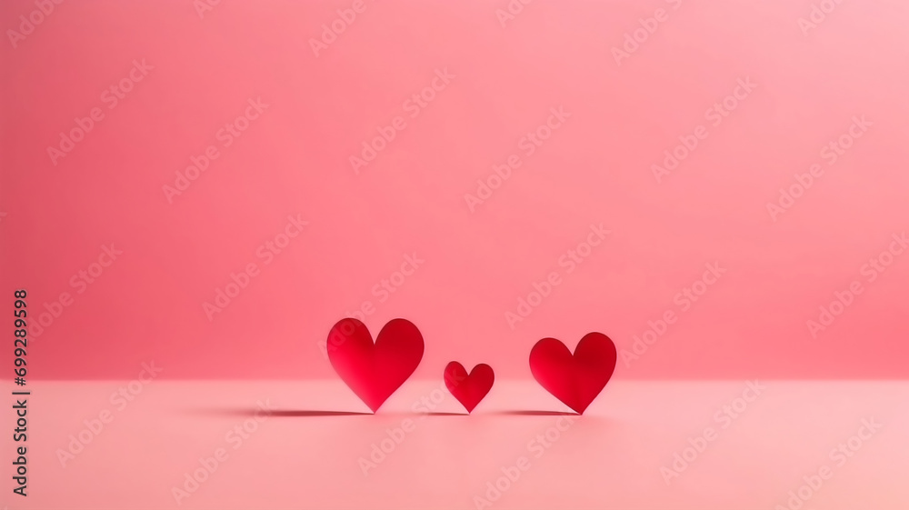 Red paper hearts on pink background. Valentine's Day.