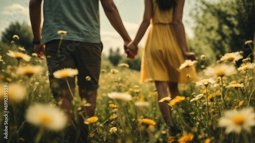 A couple in love holding hands in a daisy field on a warm summer afternoon. An atmosphere of coziness, love and mutual understanding photo
