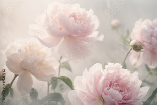 Delicate pink peony blossoms and buds floating weightlessly on a light, airy background in a misty haze. Valentine's Day, International Women's Day, March 8 © Anastasiia Soina