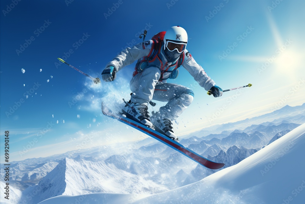 Professional Skier Mid Air Jump with Swirling Powder Snow on Clear Day Mountainside