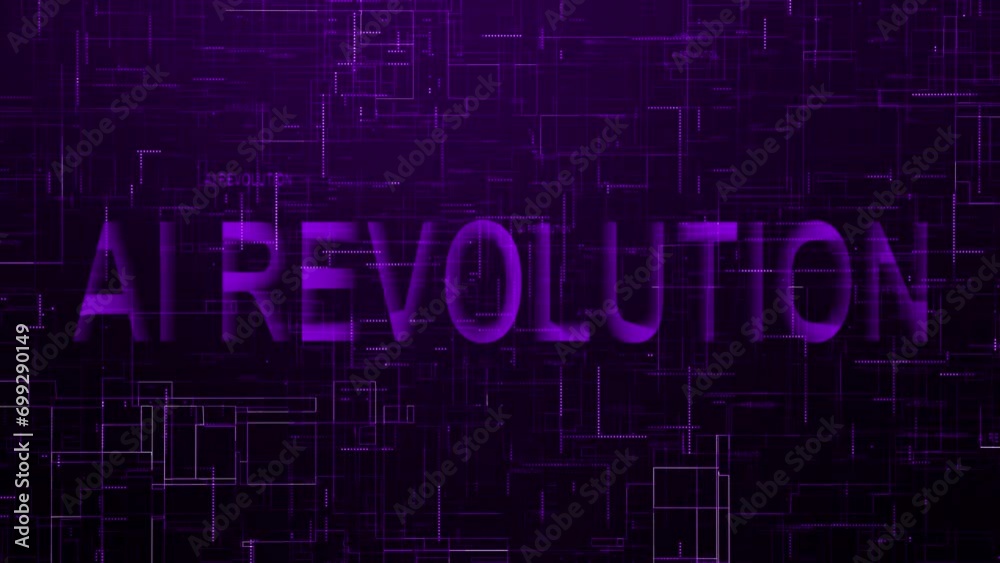 AI revolution text technology data line animation purple color AI revolution text technology data line animation purple color