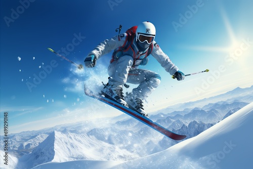 Professional Skier Mid Air Jump with Swirling Powder Snow on Clear Day Mountainside