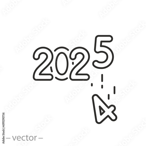 icon of end 2024 and start 2025, new year concept, thin line symbol on white background - editable stroke vector illustration