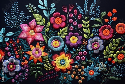 Beautiful Multi-Color Flowers Embroidered on Dark Fabric - Exquisite Floral Decor for Fashion and Textiles - Created with Generative AI Tools