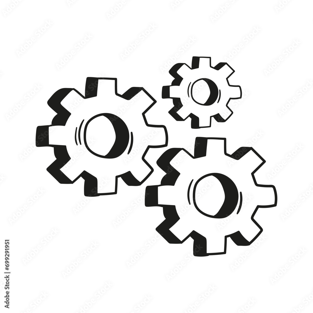 Gear wheel and cog wheel mechanism cartoon icon. Business concept innovation and movement. Vector illustration doodle style. Gear wheel and cog wheel mechanism cartoon icon. Business concept innovation and movement. Vector illustration doodle style.