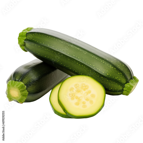fresh organic zucchini cut in half sliced with leaves isolated on white background with clipping path