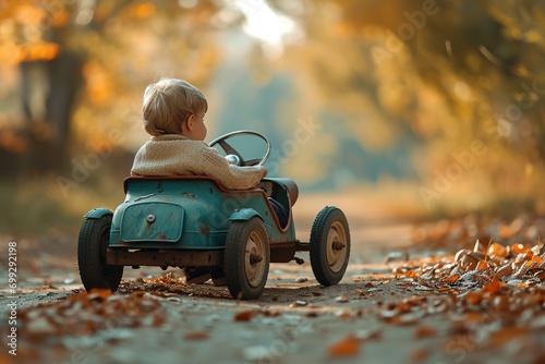 A little kid drives a small pedal car.