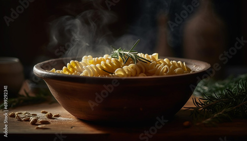 Healthy eating vegetarian pasta meal with organic ingredients on wooden table generated by AI