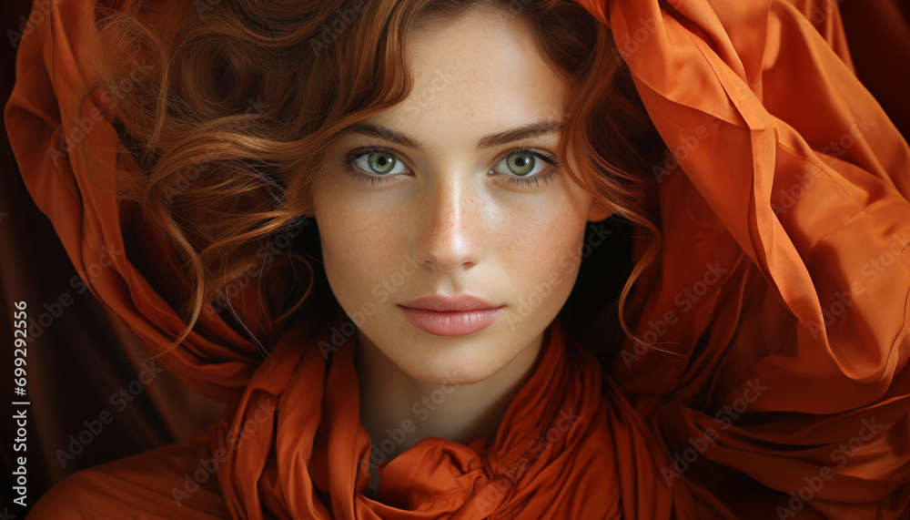 Young adult woman, with brown hair, looking at camera, smiling generated by AI Young adult woman, with brown hair, looking at camera, smiling generated by AI