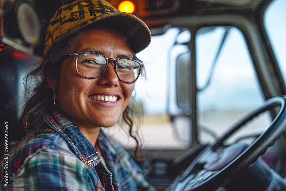 A female truck driver smiling. A female truck driver smiling.