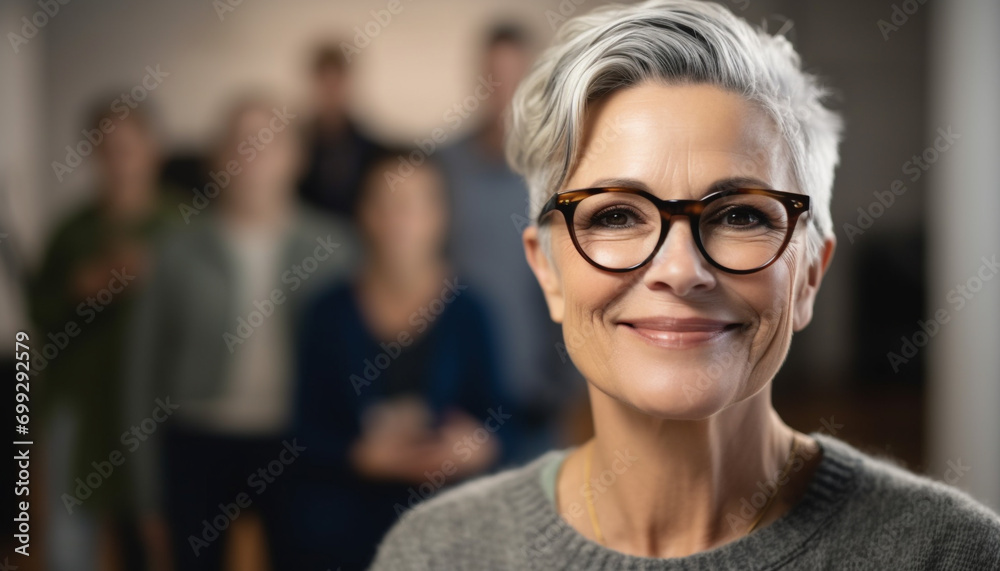Smiling women looking at camera indoors, portrait of happiness and confidence generated by AI